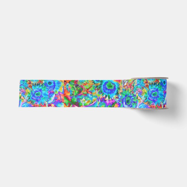 Blue abstract sunflower floral watercolor painting grosgrain ribbon (Front)
