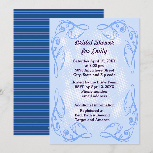 Blue Abstract Swirl Border Bridal Shower Invite (Front/Back)