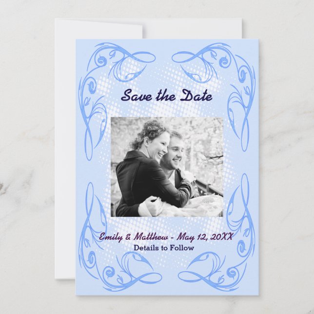 Blue Abstract Swirl Border Save the Date Flat Card (Front)
