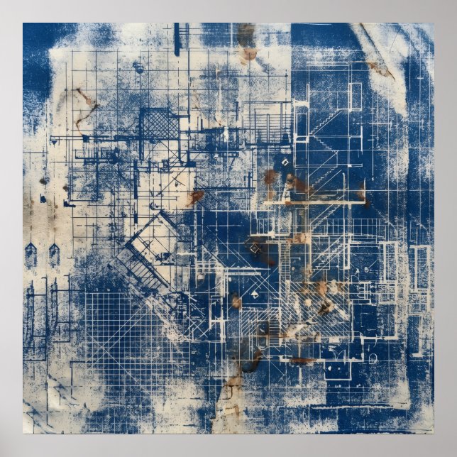 Blue Abstract Urban Grid Architecture Art Print Po (Front)