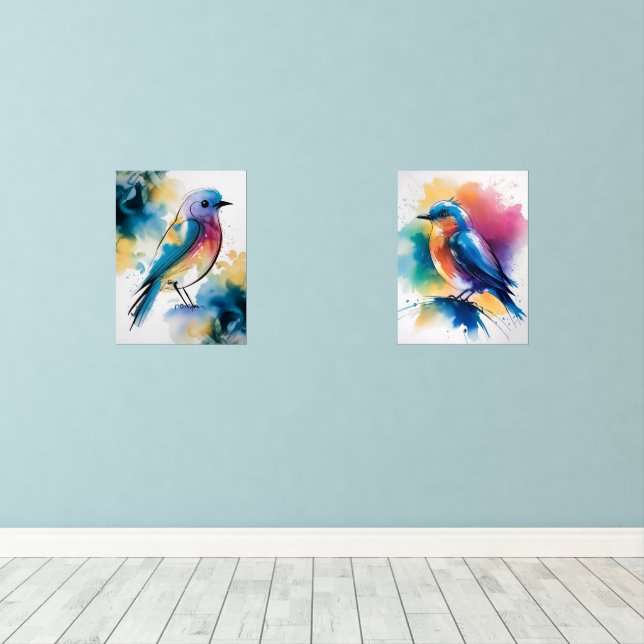 Blue Abstract Wall Art, Set of 2 Bluebirds (Wood Floor)
