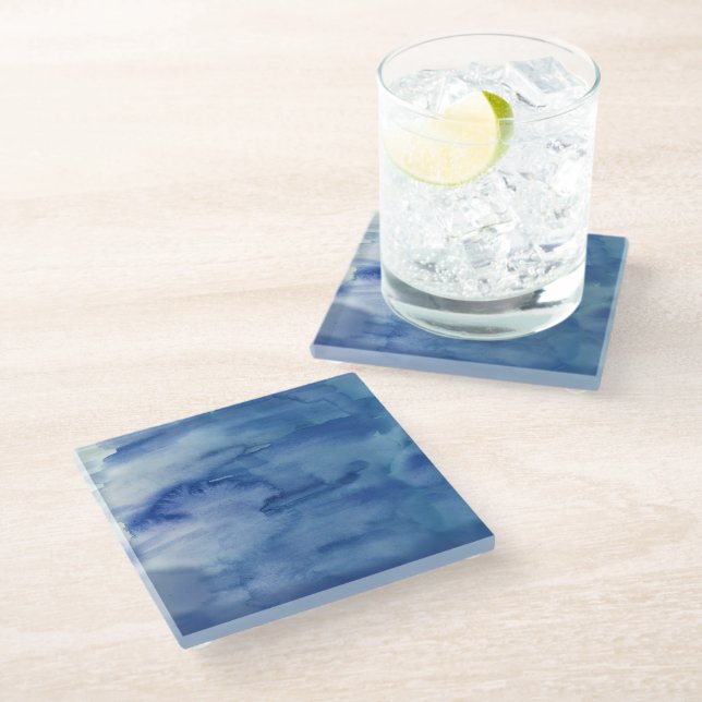 Blue Abstract Water Art Watercolor Glass Coaster (Angled)