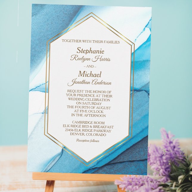 Blue Abstract Watercolor Double Gold Frame Wedding Invitation (Creator Uploaded)