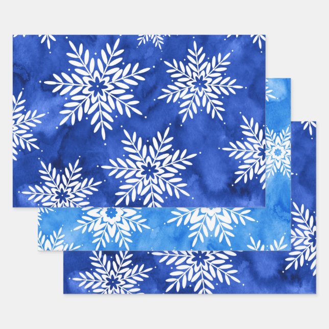 Blue Abstract Watercolor Snowflakes   Wrapping Paper Sheet (Set)
