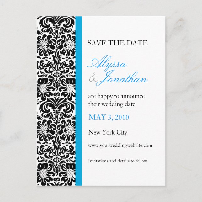 Blue Accent Damask Save the Cate Card (Front)