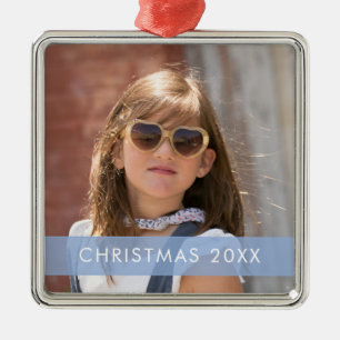 Blue Accent Ribbon Photo Template Christmas Metal Ornament
