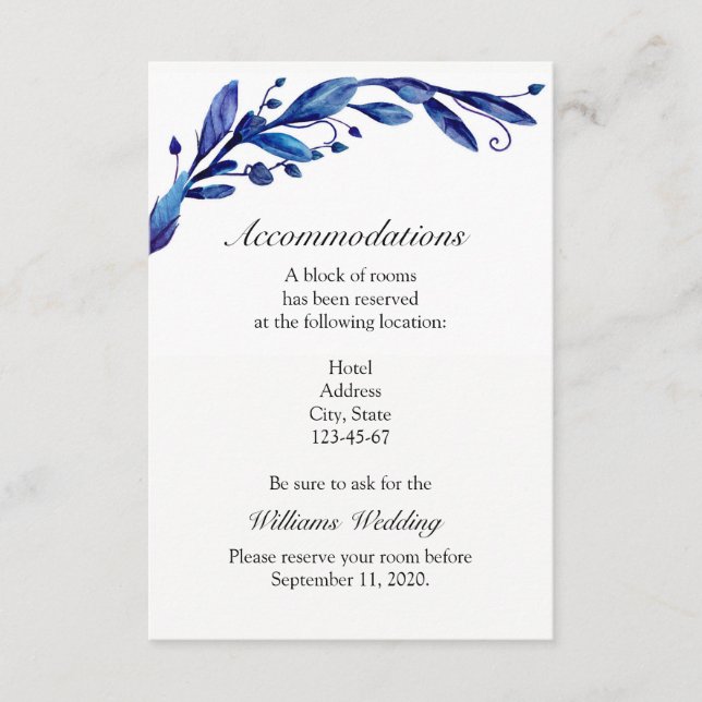Blue accommodation. Winter wedding details. Info Enclosure Card (Front)