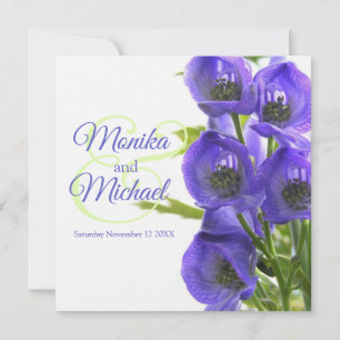 Blue Aconitum fleurs mariage carré lin invitation