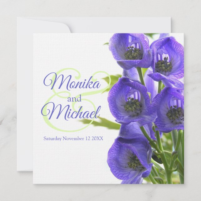 Blue Aconitum flowers wedding square linen invite (Front)