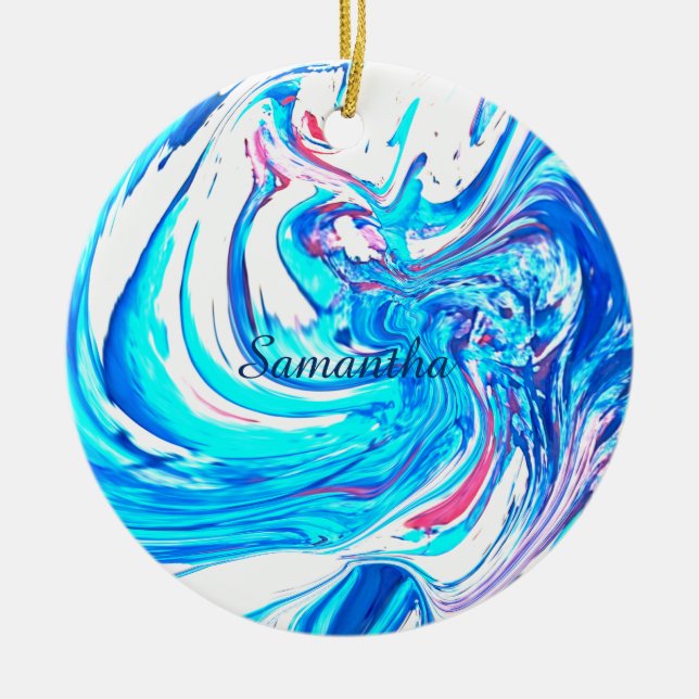 Blue Acrylic Painting Abstract Splatter Swirl  Ceramic Ornament (Front)