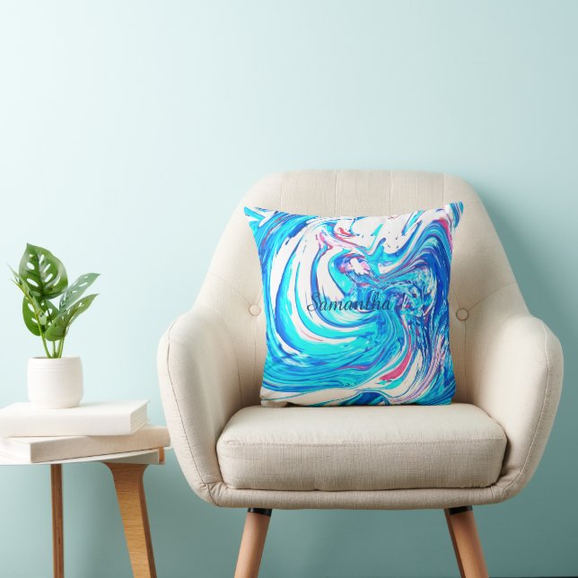 Blue Acrylic Painting Abstract Splatter Swirl  Throw Pillow (Chair)