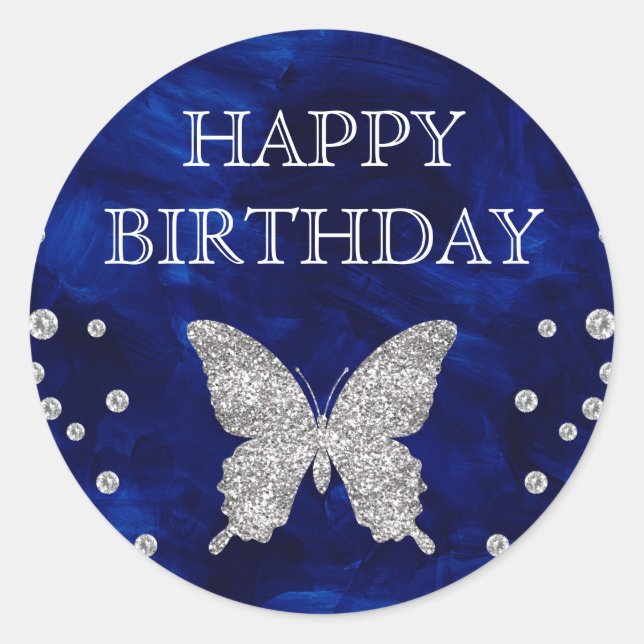 Blue Acrylic & Silver Glitter Butterfly Birthday Classic Round Sticker (Front)