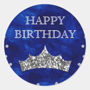 Blue Acrylic & Silver Glitter Crown Birthday Classic Round Sticker