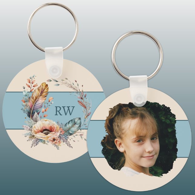 Blue add initial floral photo keychain (Creator Uploaded)