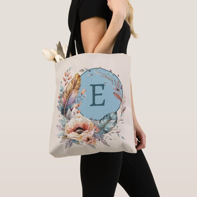 Blue add initial floral tote bag (Close Up)