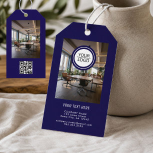 Blue Add Logo Custom Text QR Code Company Photo  Gift Tags