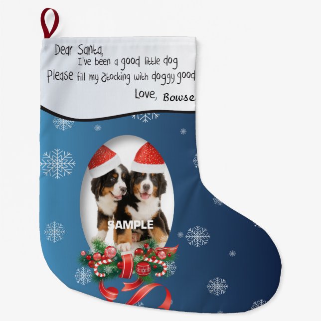 Blue ADD YOUR DOG Photo and Name Dear Santa Large Christmas Stocking (Front)