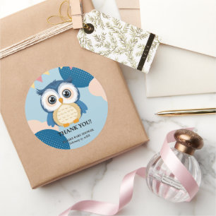 Blue Adorable Woodland Baby Owl Baby Shower Classic Round Sticker