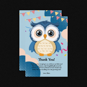 Blue Adorable Woodland Baby Owl Baby Shower Thank You Card