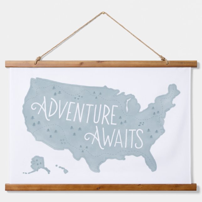 Blue Adventure Awaits US Map Kids Room Decor Hanging Tapestry (Front)