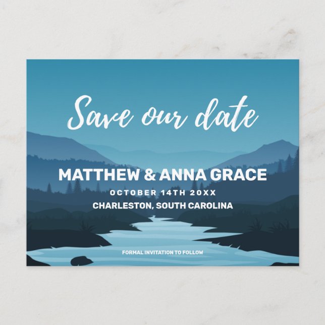 Blue Adventure Travel Mountains Save the date Announcement Postcard (Front)