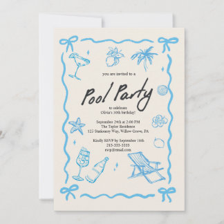 Blue Aesthetic Whimsical Pool Party Invitation