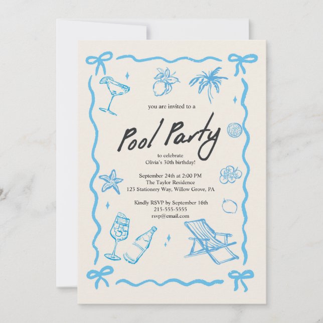 Blue Aesthetic Whimsical Pool Party  Invitation (Front)