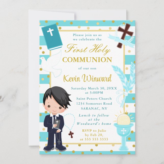 Blue African American Boy First Holy Communion Invitation (Front)