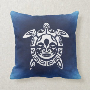 Blue African Tribal Mask Sea Turtle Throw Pillow