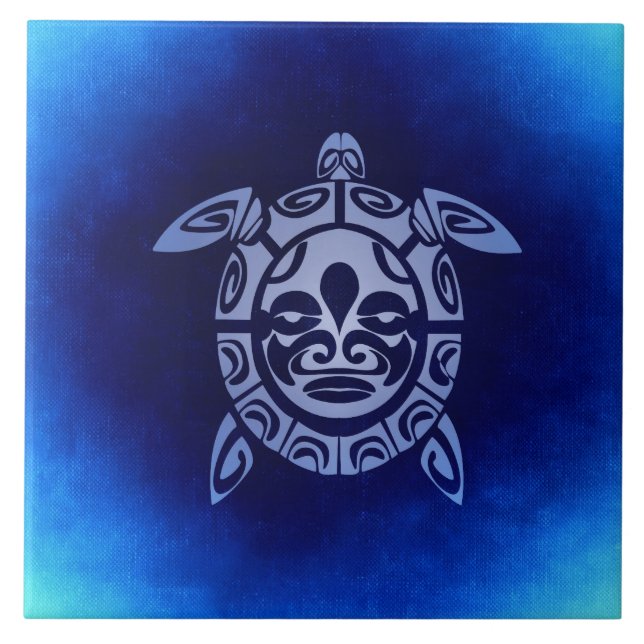 Blue African Tribal Mask Sea Turtle Tile (Front)