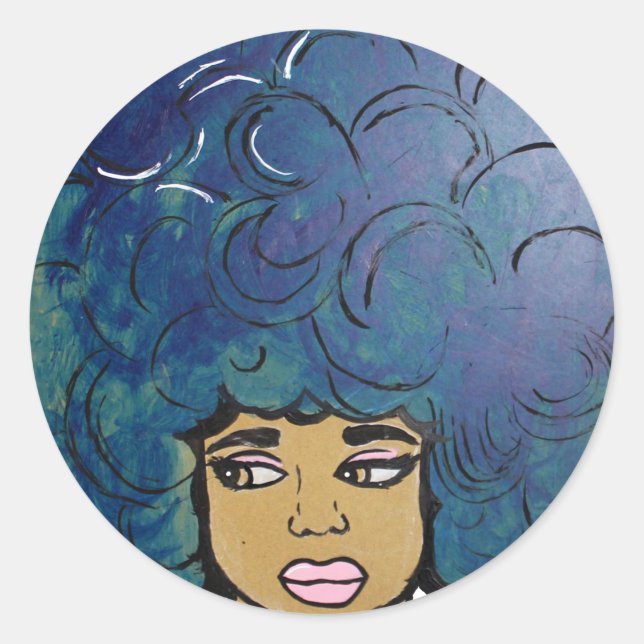 Blue Afro Ebony Girl Big Hair Classic Round Sticker (Front)