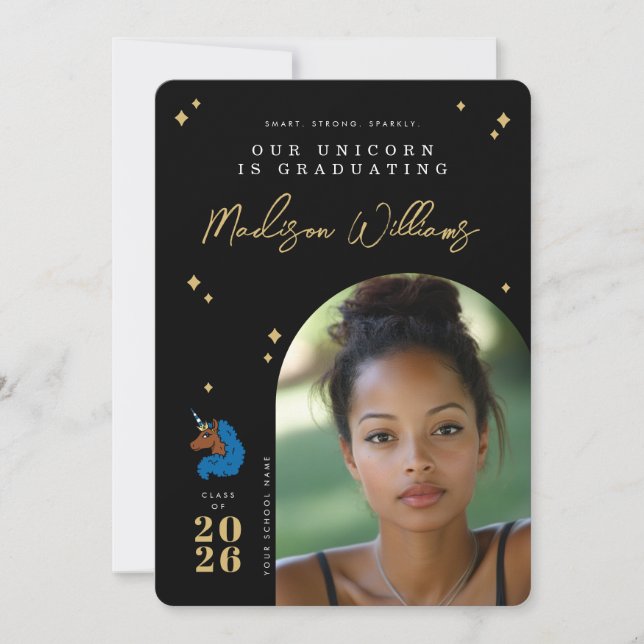 Blue Afro Unicorn Graduation Announcement (Front)
