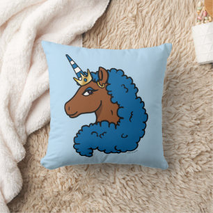 Blue Afro Unicorn Throw Pillow