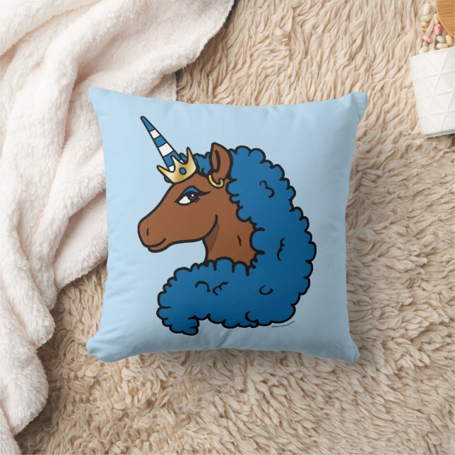Blue Afro Unicorn Throw Pillow (Blanket)