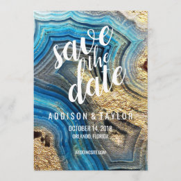 Blue agate geode aqua save the date gold foil card