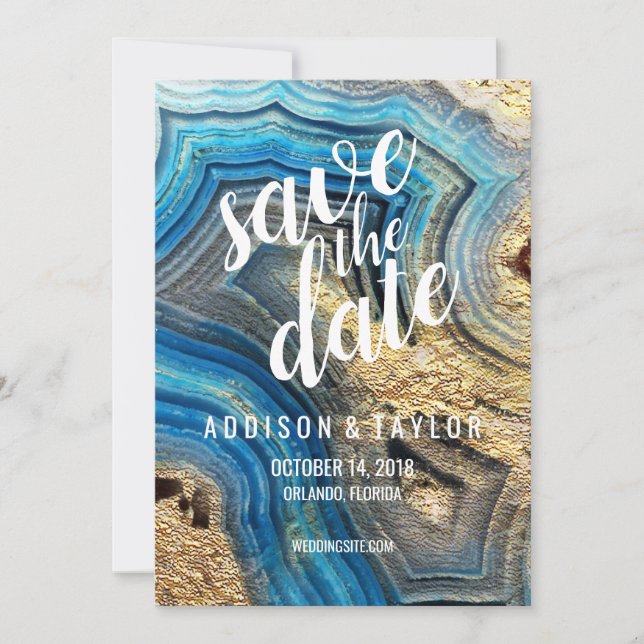 Blue agate geode aqua save the date gold foil card (Front)