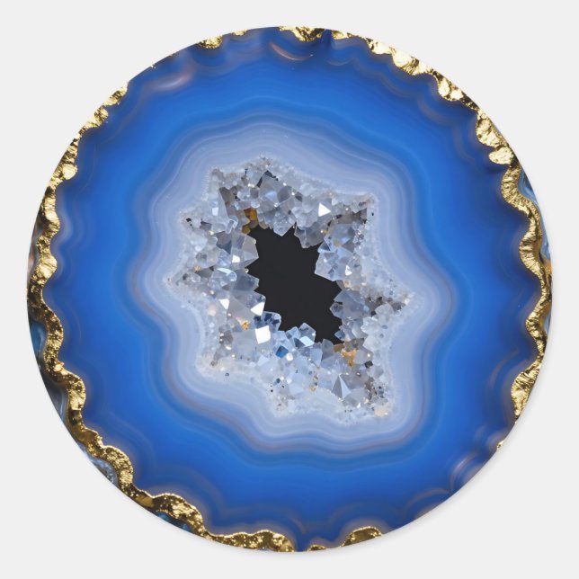 Blue Agate Geode Gold Edge Crystal Art Classic Round Sticker (Front)