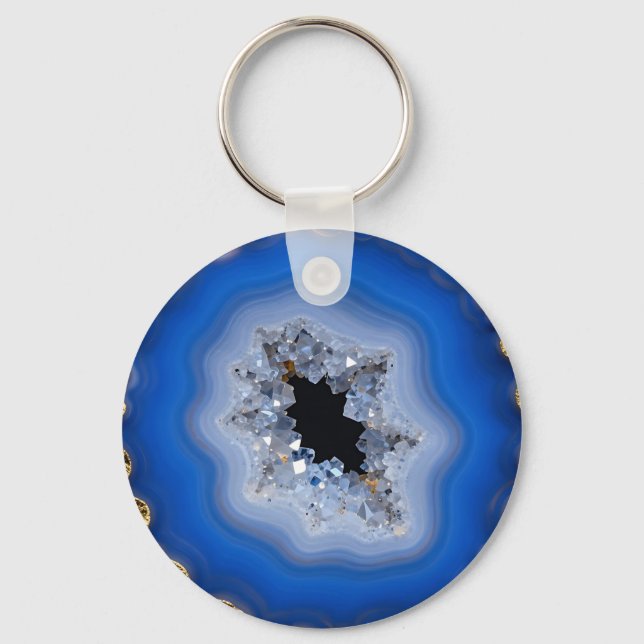 Blue Agate Geode Gold Edge Crystal Art Keychain (Front)