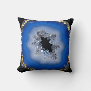 Blue Agate Geode Gold Edge Crystal Art Throw Pillow