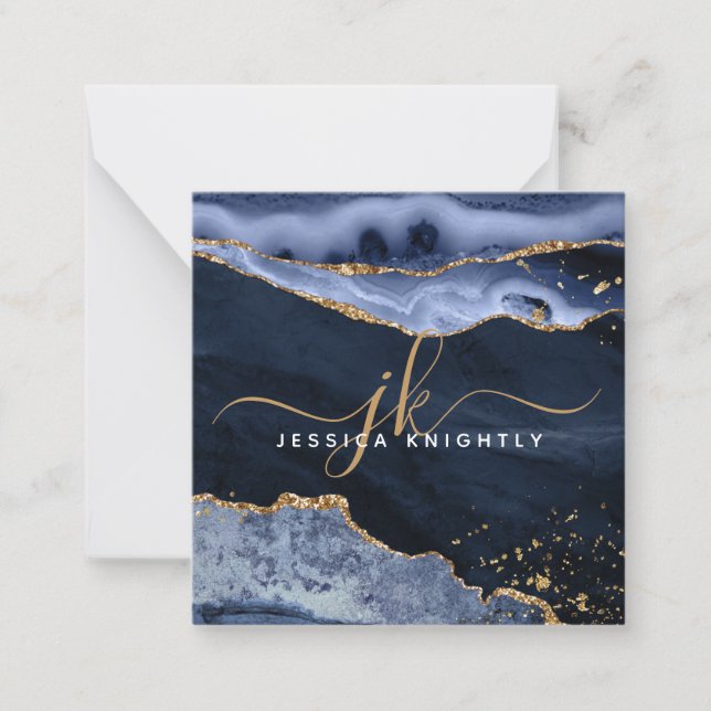 Blue Agate Geode Gold Glitter Script Monogram Card (Front)