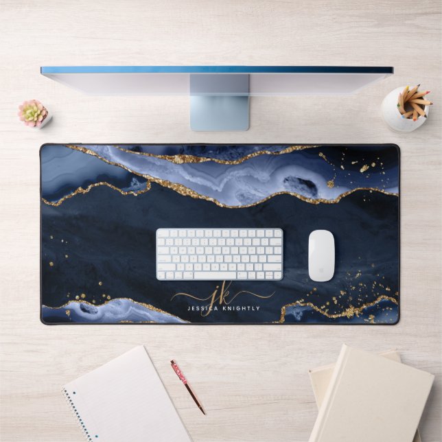 Blue Agate Geode Gold Glitter Script Monogram Desk Mat (Office 1)