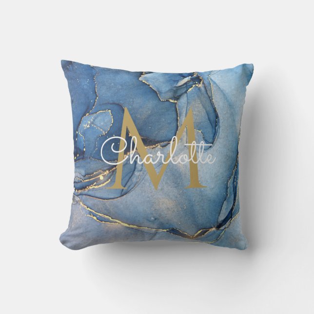 Blue Agate Geode Gold Monogram Modern Script Throw Pillow (Front)