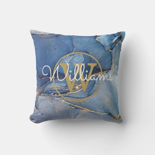 Blue Agate Geode Gold Monogram Name Throw Pillow (Front)