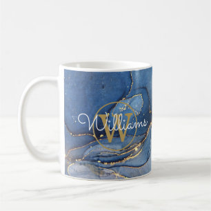Blue Agate Geode Gold Monogram Script Name Coffee Mug