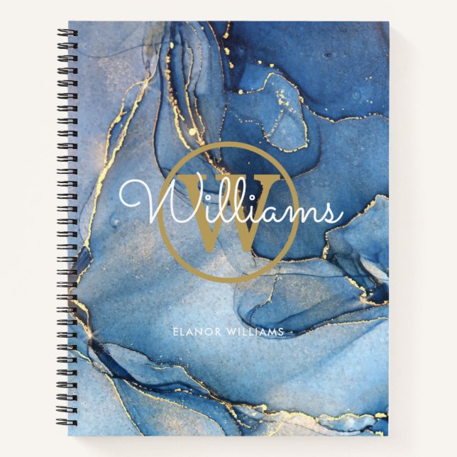 Blue Agate Geode Gold Monogram Script Notebook (Front)
