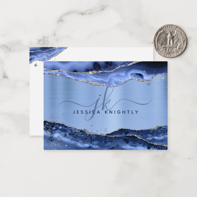 Blue Agate Geode Metallic Glitter Script Monogram Card (Front/Back In Situ)