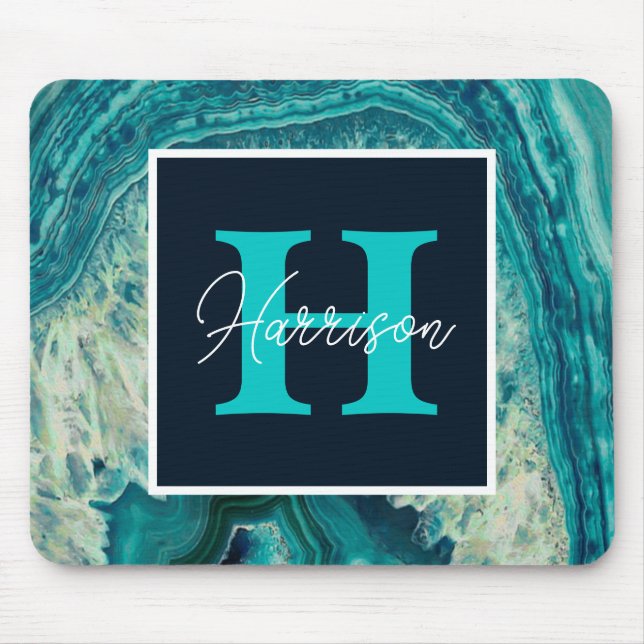 Blue Agate Geode Monogram Simple Modern  Mouse Pad (Front)