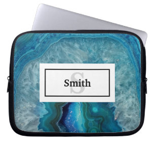 Blue Agate Geode Rock with Name and Monogram Laptop Sleeve