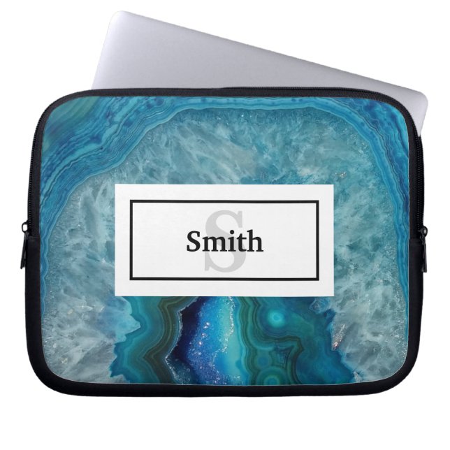 Blue Agate Geode Rock with Name and Monogram Laptop Sleeve (Front)