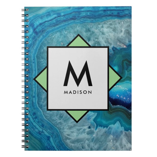 Blue Agate Geode with Your Name and Monogram on Notebook (Front)